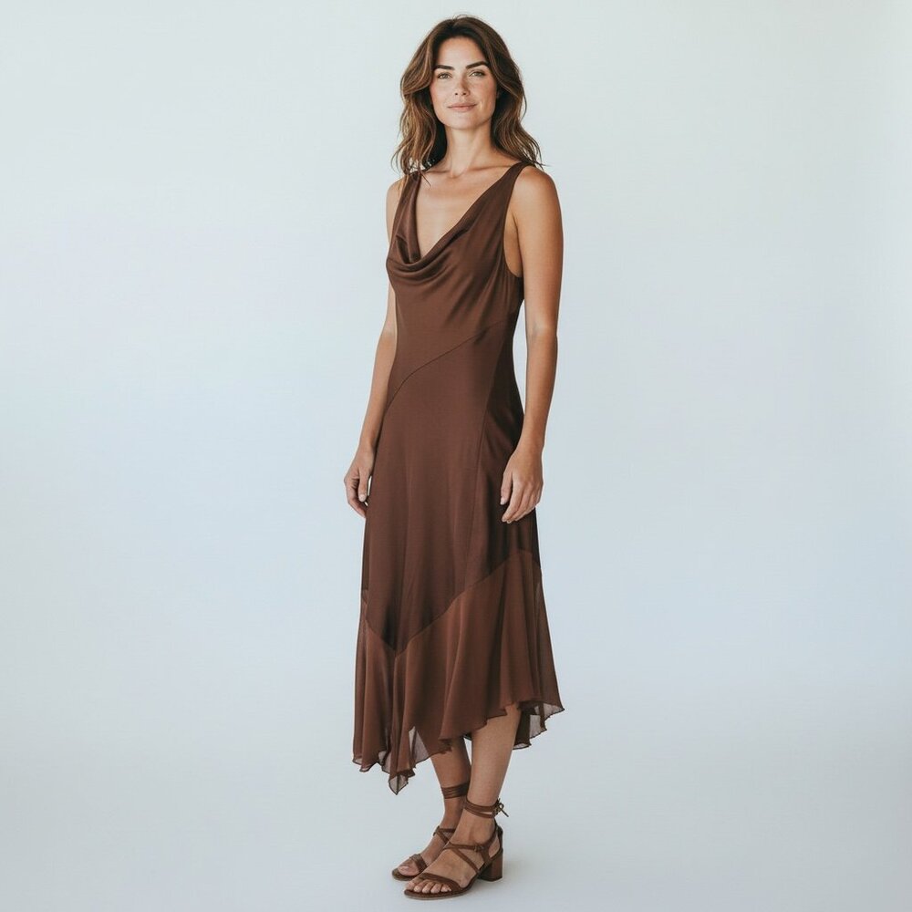 Vintage 90s Jones New York Silk Midi Dress Size 14 Brown Draped